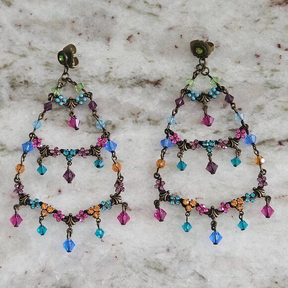 RARE VINTAGE SORRELLI FLOWER FLORAL CRYSTAL DROP DANGLE CHANDELIER EARRINGS - Picture 1 of 13